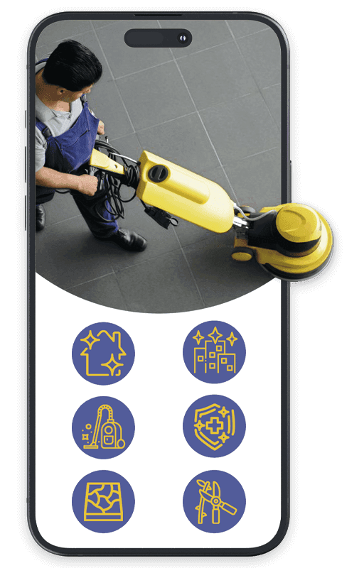grafica telefono con icone servizi e addetto alle pulizie